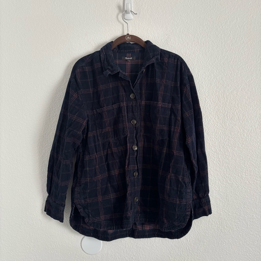 Madewell Women's Size Medium Blue Plaid Corduroy Kentwood Oversized Shirt Jacket - Picture 2 of 6
